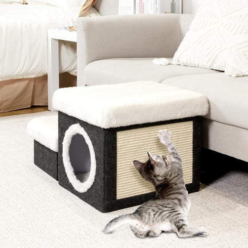 B FSOBEIIALEO Cat House Pet Stairs for Beds Sofa, Foldable 2-Tier Steps with Storage Toy Box, Small Cat House, Grey