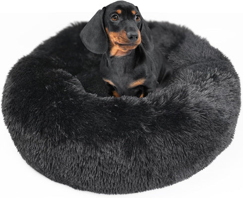 Washable Calming Dog Bed for Medium Dogs, 28 Inch Black Fluffy Anti-Anxiety Faux Fur Round Pet Bed
