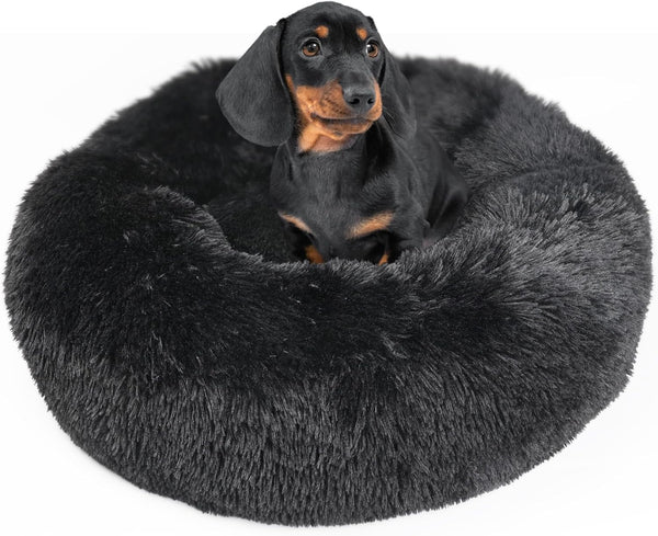 Washable Calming Dog Bed for Medium Dogs, 28 Inch Black Fluffy Anti-Anxiety Faux Fur Round Pet Bed