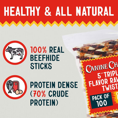 Canine Chews 5" Triple Flavor Rawhide Stick Twists for Small Dogs - Chicken, Pork, Beef Flavor Chew Toy (100 Pack)