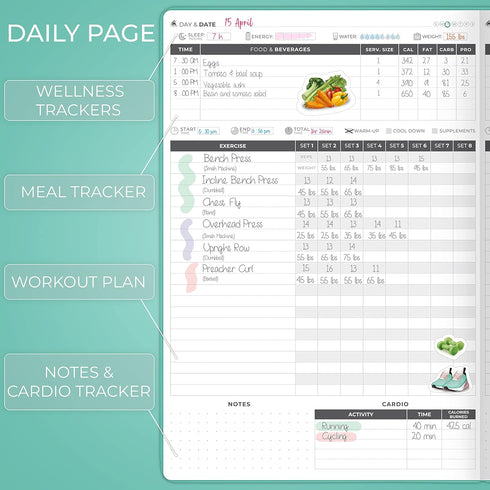 6 7x10 Clever Fox Fitness Journal PRO Daily Workout Planner with Meal Planner & Habit Tracker Gym Exercise Log Book