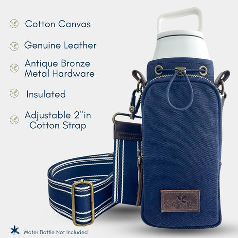 Water Bottle Holder for Walking, Durable Cotton Canvas with Genuine Leather, Insulated Crossbody Strap with Pocket
