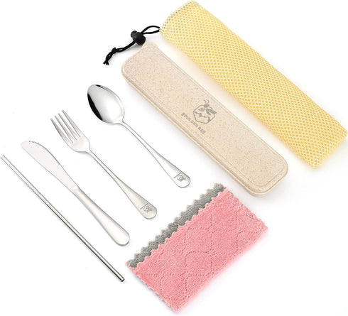 Travel Utensils Set, Reusable Camping Cutlery Set, Stainless Steel Flatware with Case, Includes Knife/Fork/Spoon/Straw