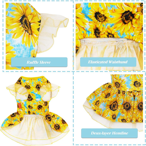 KYEESE Dog Dress for Medium Dogs - Sunflower Sundress with Tulle and Ruffle Sleeves, Dog Apparel