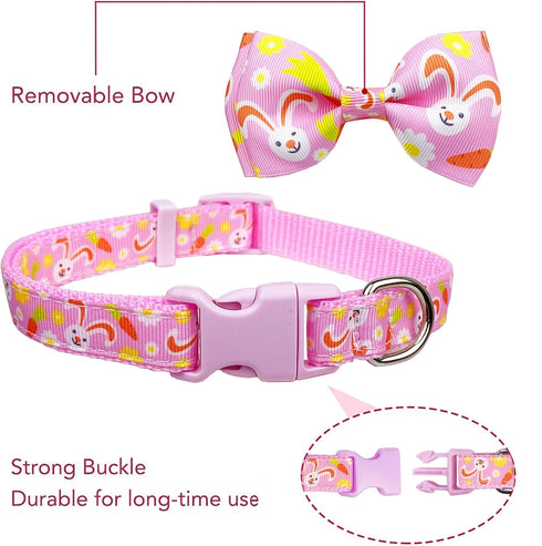 Easter Day Dog Collar with Bow Tie - Holiday Bunny Carrot Collar for Small Medium Large Dogs (Hoppy Hour/Pink, Medium)