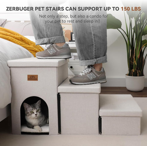Dog Stairs for High Beds, Folding Pet Steps 17.5"H for Small Medium Large Dogs, Beige Gray with Storage