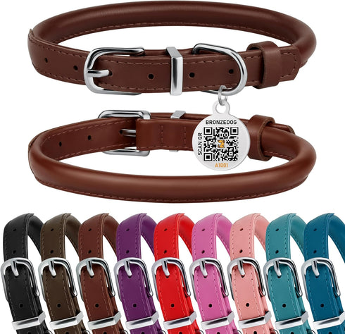BRONZEDOG Rolled Leather Dog Collar with QR ID Tag for Small, Medium, Large Dogs (XS: 9-11 Inch, Chocolate Brown)