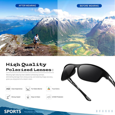 Polarized Sports Sunglasses for Men, UV400 Protection Wrap Around Goggles for Fishing Driving