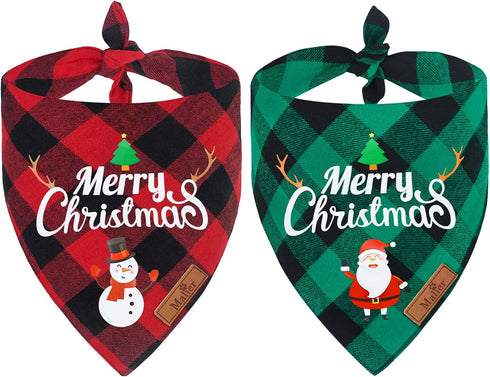 Malier 2-Pack Christmas Dog Bandanas, Classic Buffalo Plaid Triangle Bibs for Small to Large Dogs & Cats