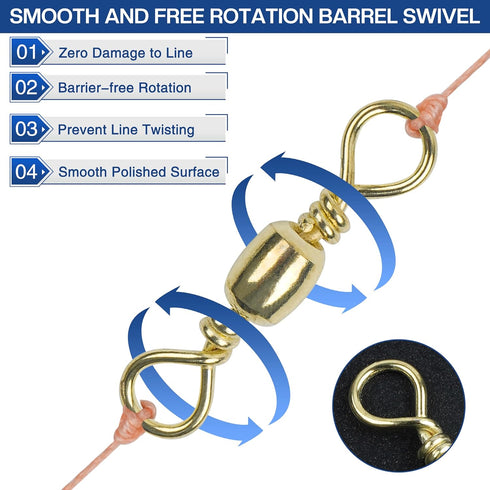 Fishing Barrel Swivels, 200pcs Rolling Ball Bearing Swivels with Solid Ring, Copper & Stainless Steel, Size 2-10