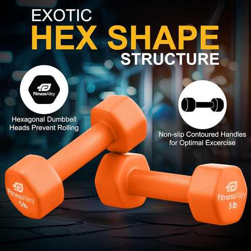 Neoprene Coated Workout Dumbbells Set of 2, Anti Roll Non Slip Hexagon Shaped Hand Weights for Fitness & Exercise