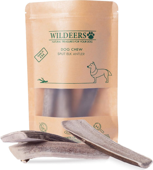 Wildeers Split Elk Antlers for Dogs, Medium 2-Pack, Grade A Antler Chews for Medium and Large Breeds, 5-7" Long