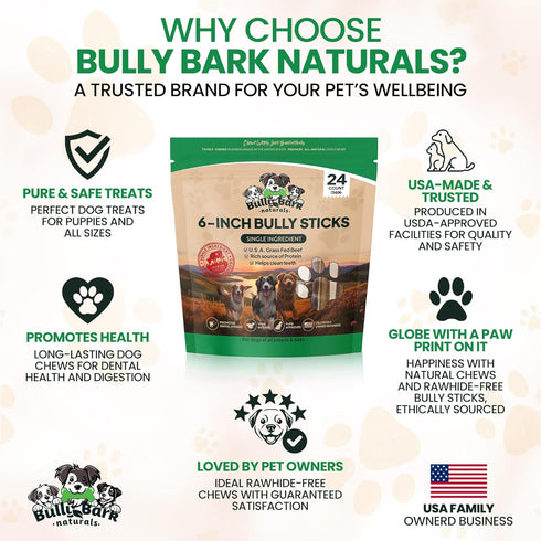 6 24 Count Thin Bully Sticks for Dogs - - Natural, Odor Free, High Protein, Grass-Fed Beef Pizzle Sticks for Dogs