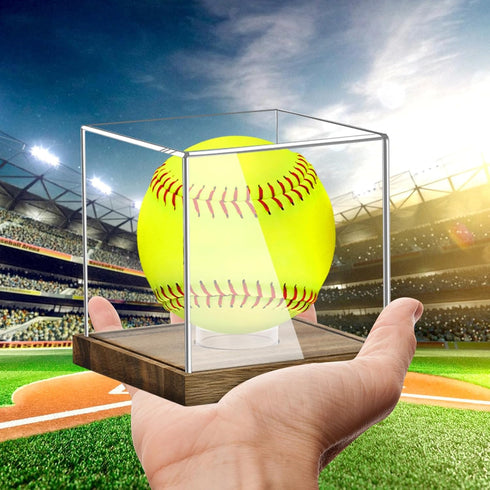 Clear Acrylic Softball Display Case with Wood Base, Memorabilia Stand Cube Holder, Dust Protection Transparent Storage