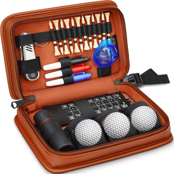 YOREPEK Golf Accessories Kit for Men, Leather Case Set with Balls, Tees, Divot Knife, Rangefinder