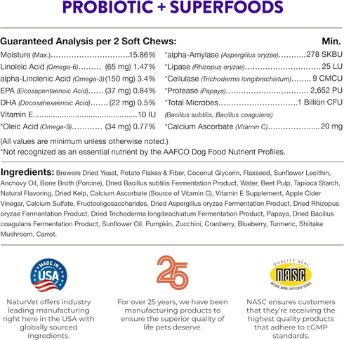 NaturVet Evolutions Probiotic & Superfoods Soft Chews for Dogs, 180ct - Digestive Enzymes, Bone Broth, Omega's