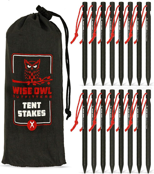 Wise Owl Outfitters Heavy Duty Tent Stakes for Outdoor Tent & Tarp, Available in 12pk or 16pk Black