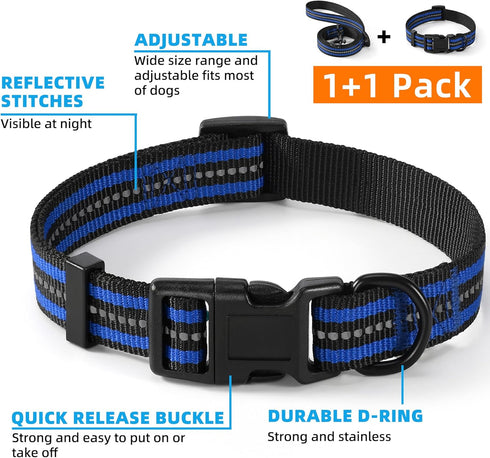 Mile High Life Reflective Dog Collar Leash Set for Small Medium Dogs (Reflective Stripe Blue, Medium, Pack of 2)