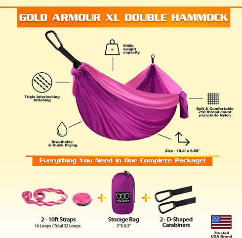 Gold Armour XL Double Camping Hammock - Portable Hammock with Tree Straps for Outdoor and Indoor Use