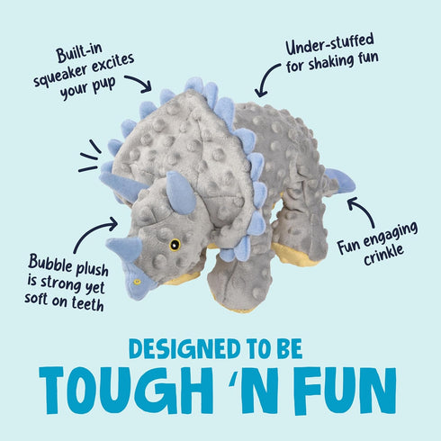 goDog Dinos Frills Squeaky Plush Dog Toy with Chew Guard Technology, Durable Fabric & Squeaker for Active Play, Gray