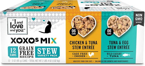I and love and you XOXOs Wet Cat Food, Chicken + Tuna Stew Variety Pack, Grain Free, 3oz Pack of 12 Cans