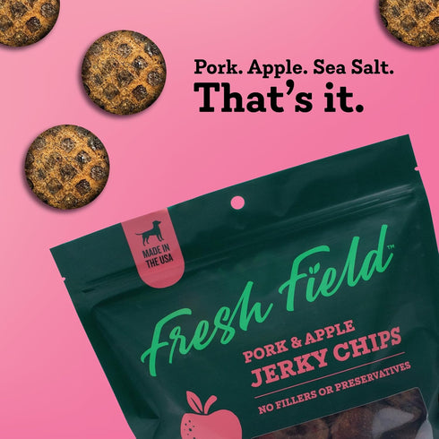 5 oz (Pack 2) Fresh Field Pork & Apple Jerky Chips, All-Natural Dog Treats, USA Made, No Fillers, Supports Digestion
