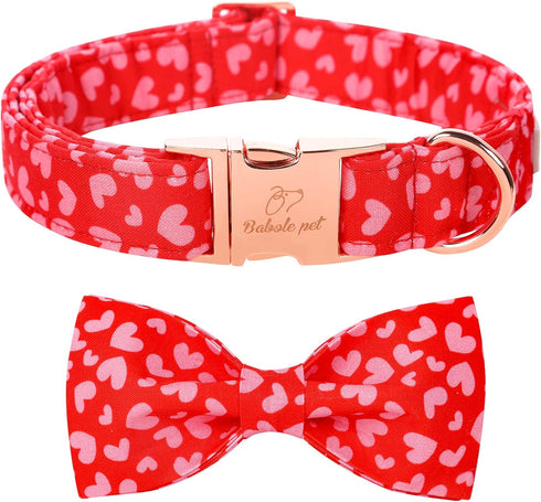 Valentine's Day Dog Collar with Bow Tie, Adjustable Pink Red Love Collar for Small Medium Large Boy & Girl Dogs, L-Neck