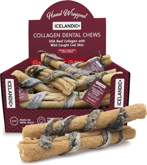 Icelandic+ Beef Collagen Dental Chew Stick Wrapped with Fish, 8" Dog Treat