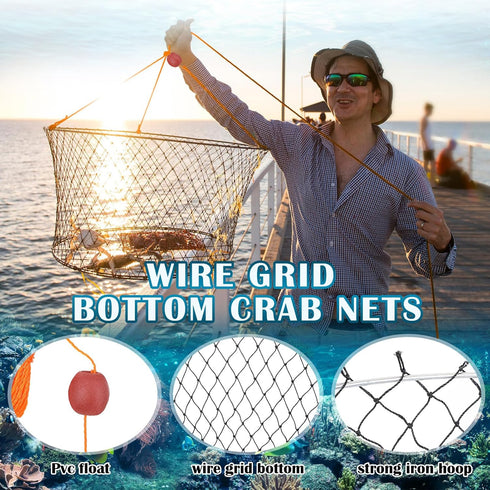 Poen 24'' 20'' 12'' Wire Grid Bottom Crab Nets Two Ring Crab Kit with Harness and Bait Clip x x Foldable Fishing Net