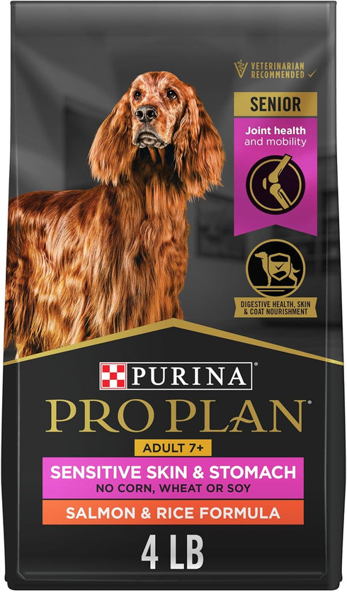 Purina Pro Plan Sensitive Skin & Stomach Dog Food, Dry Food for SENIOR Dogs, Adult 7+ Salmon & Rice Formula, 4 lb. Bag