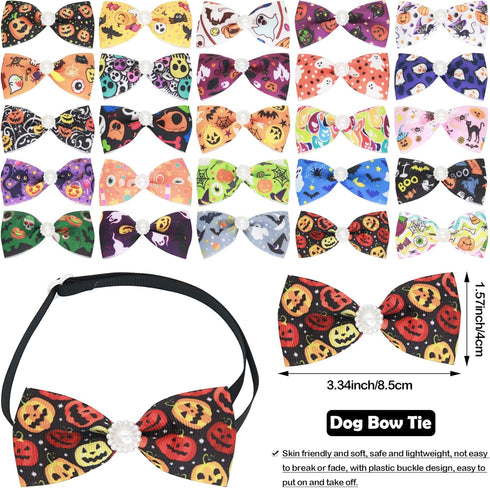 100pcs Halloween Dog Bow Ties Bulk Adjustable Neckties for Small Medium Dogs, 25 Set Pumpkin Patterns for Party Holiday