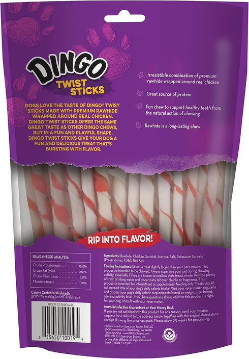 Dingo Twist Sticks - 50 Count Rawhide for Dogs, Made with Real Chicken