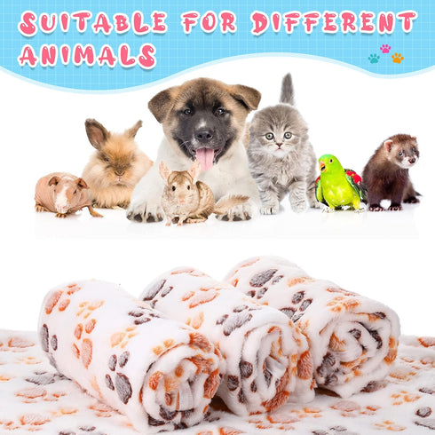4 Pcs Pet Blanket Dog Puppy Blanket, White Paw Print Fleece Blanket for Small Medium Pets, Warm Soft Sleep Mat, Guinea