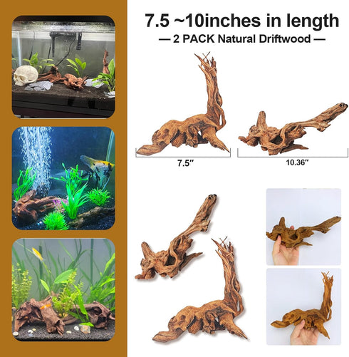 FUNOJOY Natural Driftwood Decor for Aquarium, Assorted Wood Branches for Reptile Fish Tank, Pack of 2 (7.5 to 10 Inch)