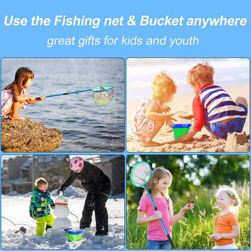 Lanboon Kids Fishing Net - Telescopic Landing Net with Aluminum Pole Handle, Collapsible Bucket Sand Pail, Butterfly