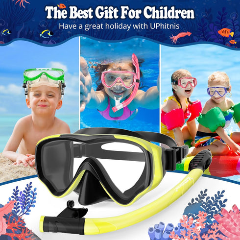 UPhitnis Set 4-14 Set U PHITNIS Kids Snorkel for Age - Dry Top Snorkeling Gear for Kids Junior & Youth - Childs Diving