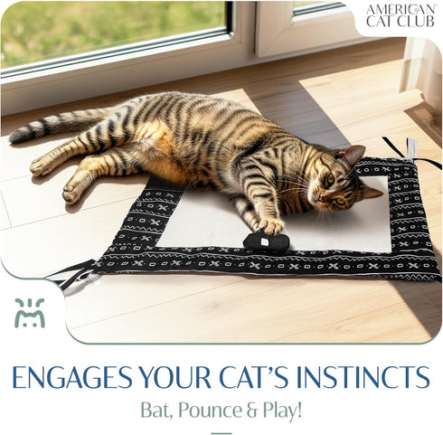 American Cat Club 18 13 Reversible Crinkle Cat Mat with Mouse Toy Black Mudcloth Pattern, Interactive Crinkle Play Mat
