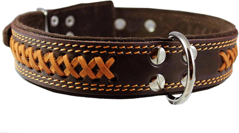 Genuine Leather Braided Dog Collar, Brown, 1.6" Wide, Fits 19"-24" Neck