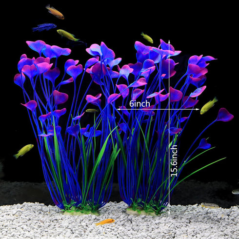 JIH Plastic Plants for Aquarium, Tall Artificial Plants for Fish Tank Decor 15.6 Inch (2 Pcs) (Purple)