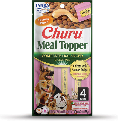 INABA Churu Meal Topper for Dogs, Creamy Lickable Purée Dog Food Topper, 0.5 Ounce Tube, 4 Tubes (Chicken with Salmon)