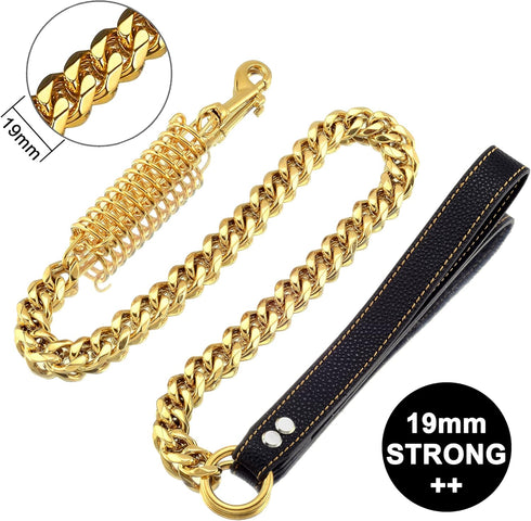 Dog Chain Leash, Heavy Duty Strong Chew Proof 19mm, 2ft 3ft 4ft, Gold Chrome Stainless Steel for Medium Large Dogs