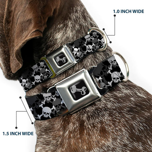 Buckle-Down Dog Collar Seatbelt Buckle, Top Skulls Stacked Black Gray White, 11 to 17 Inches, 1.0 Inch Wide