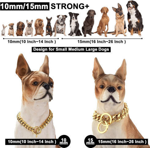 Chain Dog Collar: 18K Gold Cuban Link, Heavy Duty Slip Collar for Small Dogs (14", Fits Neck 10" to 12.5")