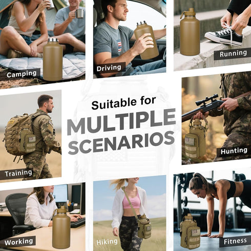 64 oz DEFUNX Half Gallon Water Bottle Insulated with Sleeve - Tactical Stainless Steel Water Jug with MOLLE Water