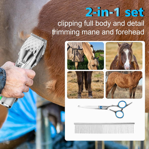 Trimmers 2500mAh Horse Clippers, Cordless Grooming Kit with BatteryLow Noise Heavy Duty Body Clipping Machine with LED