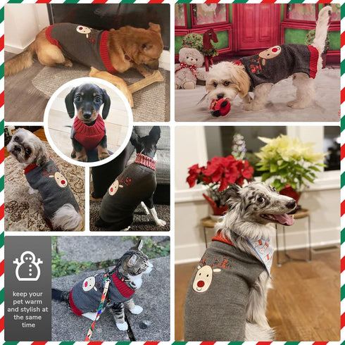 PETCARE Reindeer Christmas Dog Sweater, Gray Cat Sweater Vest, Holiday Dog Clothes for Small Medium Large Dogs
