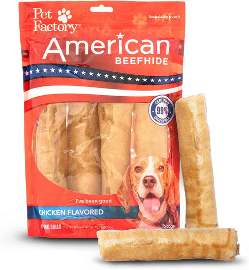 Pet Factory American Beefhide Dog Chew Treats - Chicken Flavor, 7" Rolls, 4 Count/1 Pack