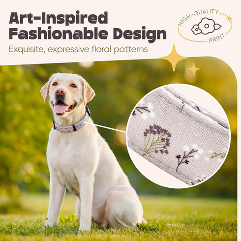 Adjustable Dog Collar for Medium & Large Dogs with Flowers Cotton Padded Pattern, Strong and Durable