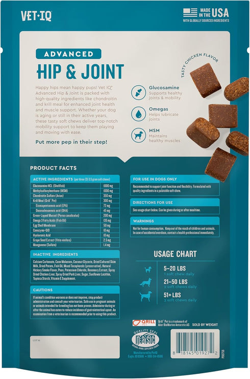 VetIQ Advanced Hip & Joint Chews for Dogs, 60 Count, Chicken Flavored Supplements with Glucosamine, Omega 3’s &
