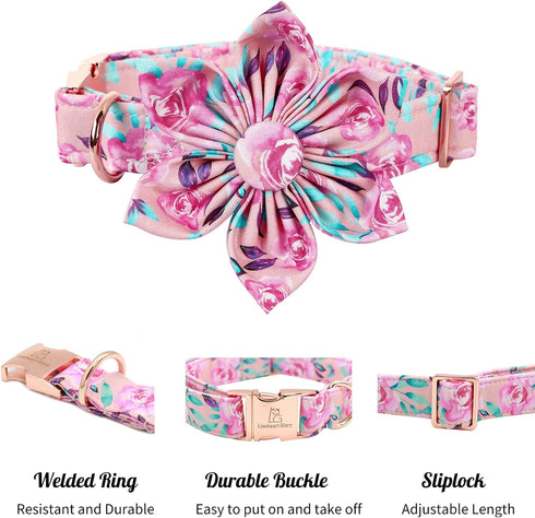 Lionheart Glory Dog Collar, Pink with Flower, Cute Floral Pattern Adjustable for X-Large Dogs